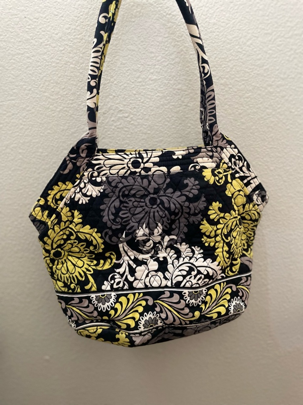 Quilted Floral Tote Bag in Black, Yellow & Cream